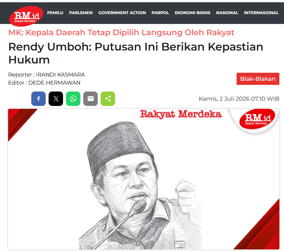 MK Putuskan Kepala Daerah Tetap Dipilih Langsung Oleh Rakyat, Rendy Umboh: Putusan Ini Berikan Kepastian Hukum