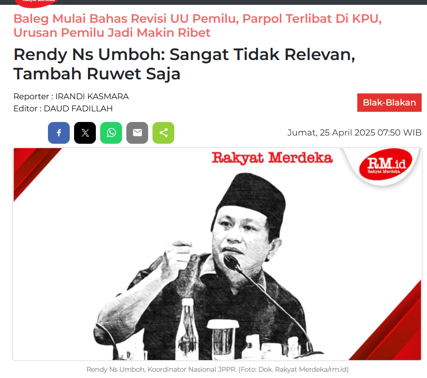 JPPR Nilai Tak Relevan Partai Politik Terlibat di KPU, Peserta Tak Bisa Sekaligus Jadi Wasit